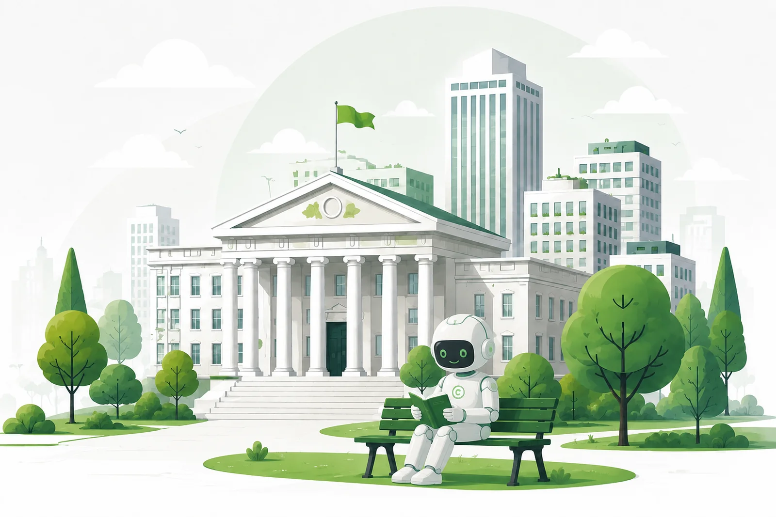 Ilustración de un robot asistente leyendo en un banco frente a un edificio institucional