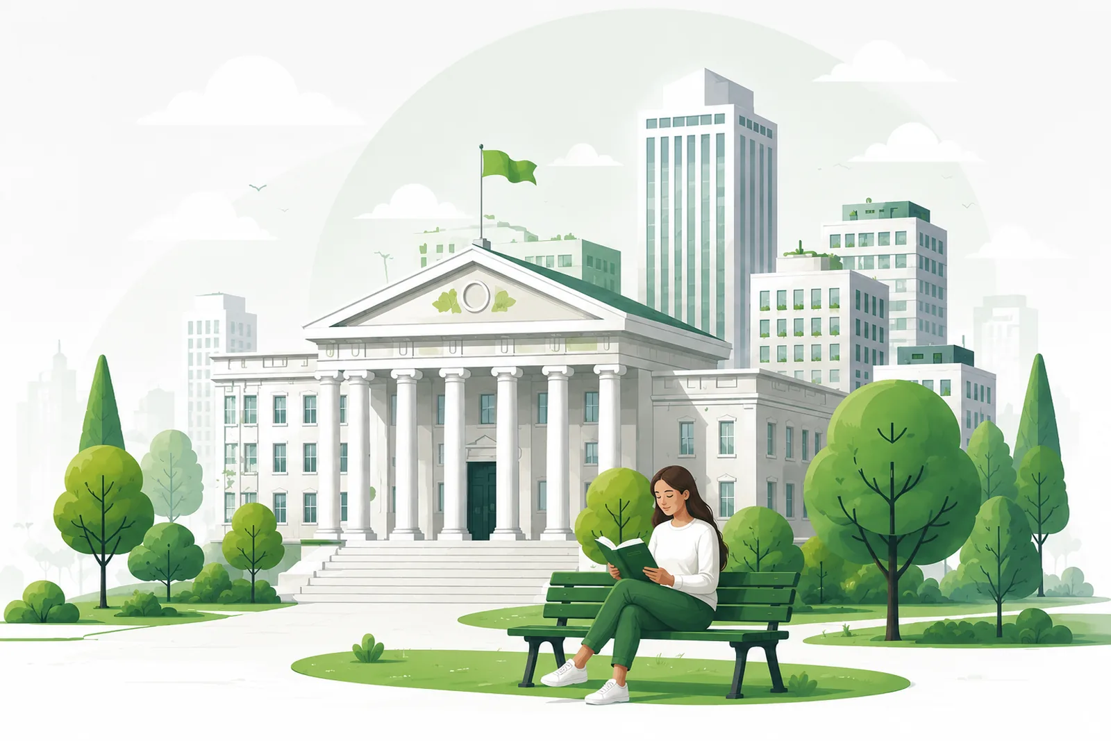 Ilustración de una persona leyendo en un banco frente a un edificio institucional
