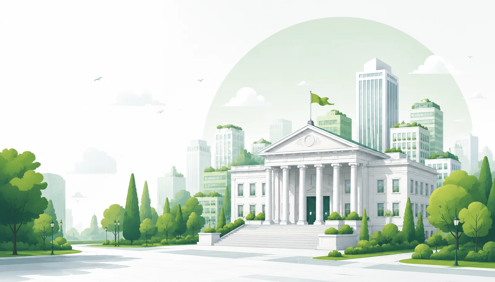 Ilustración de un edificio institucional con el perfil de una ciudad de fondo