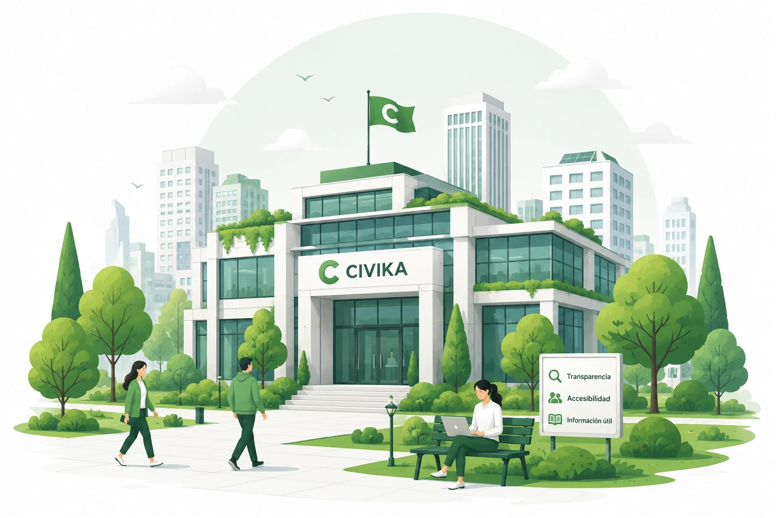 Ilustración de la sede de Civika con personas paseando y consultando el portal en un parque